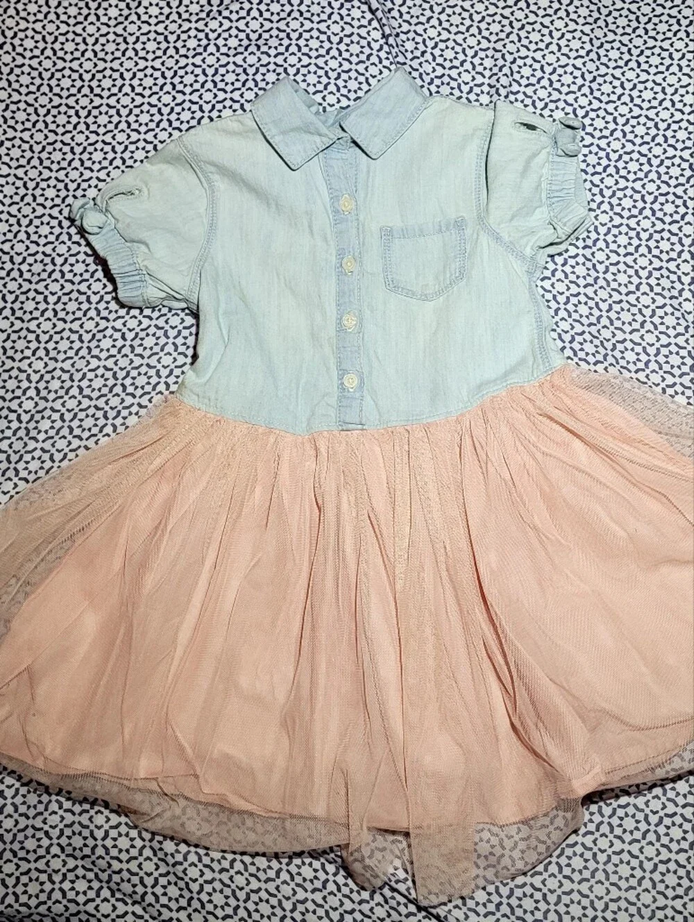 Denim Look Button Front Top with Blush Pink Tulle Skirt Dress